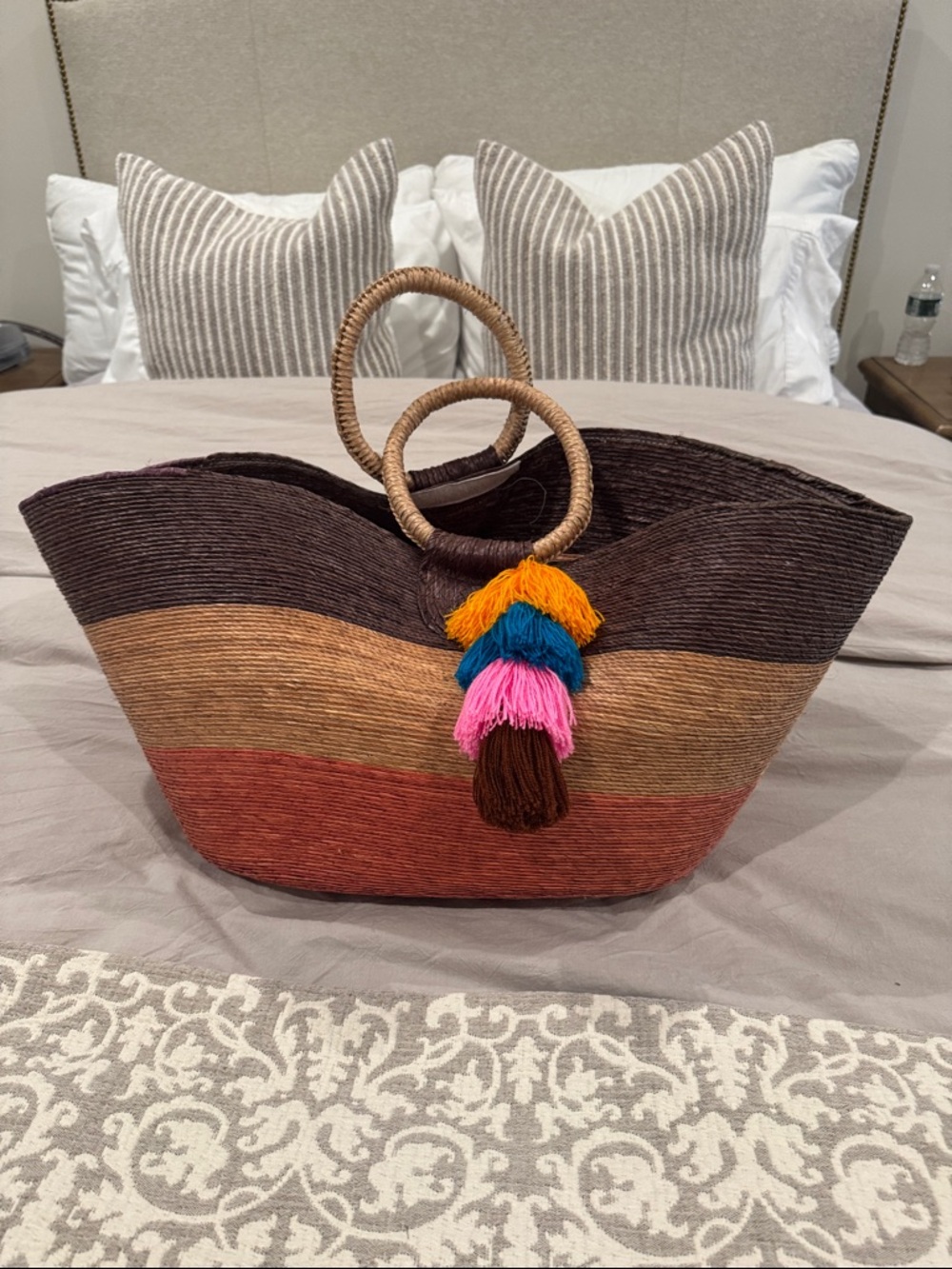Handwoven Multicolor Straw Tote Bag with Tassels - Brown/Orange/Pink/Blue